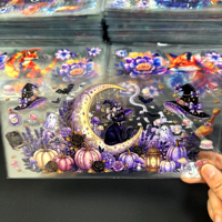 Venta al por mayor de envolturas para vasos de 16 oz con diseño de gato negro de Halloween, pegatinas de transferencia UV DTF impermeables con diseño de calabaza para vasos de vidrio, tazas y manualidades.