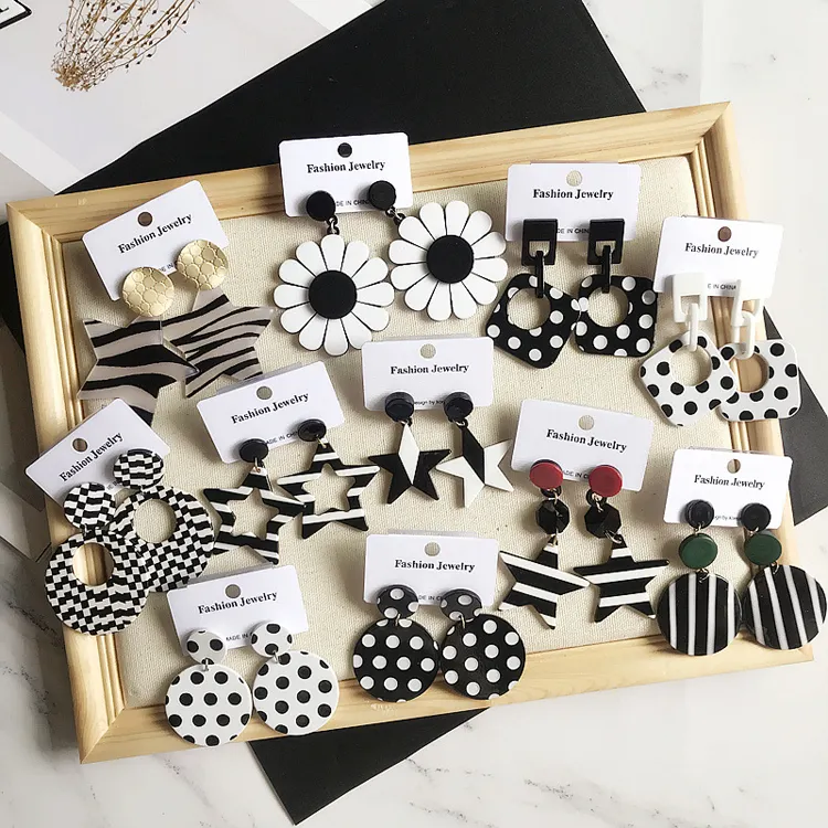 ins cold wind black and white hit color round geometric flower pendant earrings Korea long exaggerated acrylic hoop earrings