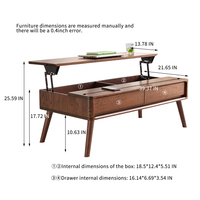 Table basse relevable en chêne massif 100% avec plateau, table de bureau, table à café, dimensions : largeur 100 x profondeur 60 x hauteur 45 cm