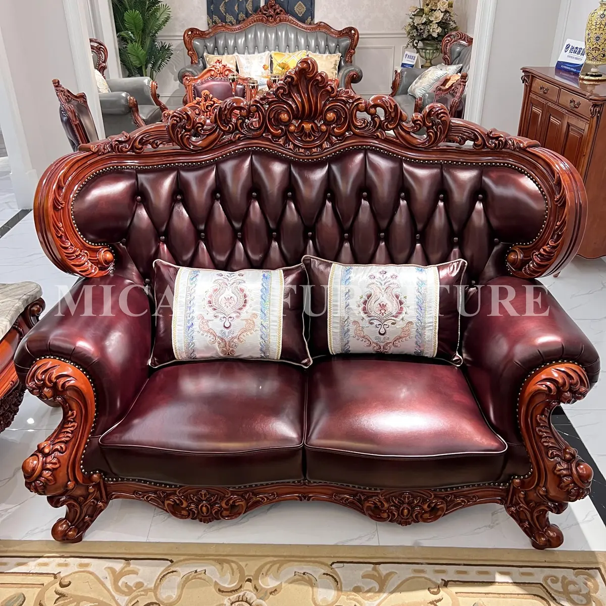 High quality solid wood carving pull button tufted leather sectional sofa