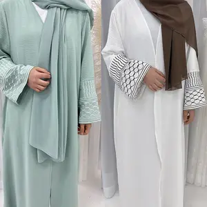 Roupas islâmicas modernas para mulheres, vestidos muçulmanos, casaco modesto, cardigã e quimono, casaco de linho personalizado bordado Dubai Abaya