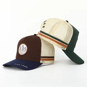 OEM de alta calidad al por mayor de diseño personalizado parche bordado Logo de moda 5 paneles sombrero de algodón malla gorra de camionero Gorras deportivas para hombre