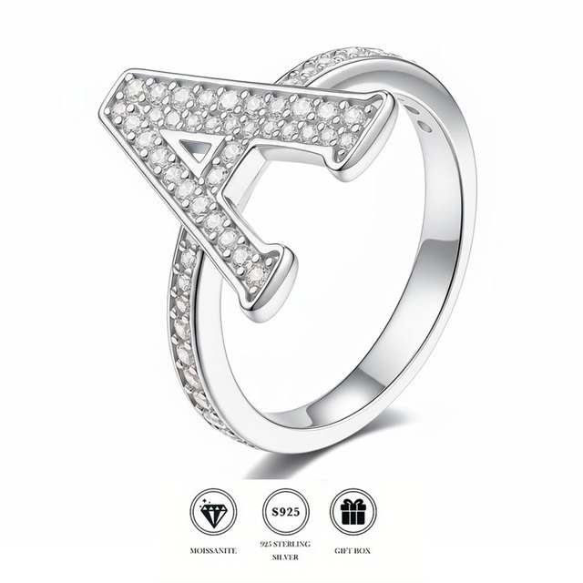 GRA Certified Moissanite A-Z Alphabet Initial Hiphop Ring S925 Sterling Silver Gold Plated Bezel Setting Personalized Letter