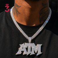 Collier pendentif lettre ATM à pointe gothique gravée sur mesure en argent sterling 925, entièrement micro-pavé de moissanite VVS, style Iced Out