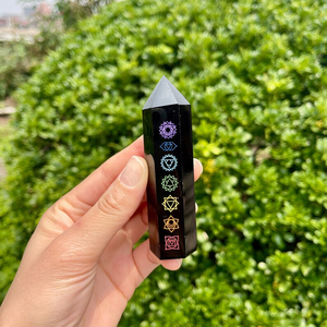 Venta al por Mayor de Torre de Obsidiana Negra Grabada con los Siete Chakras, Patrón de Luna y Estrella, Varita de Cristal Curativa, Obelisco de Energía para Meditación, Decoración - Product Image 3