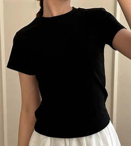 T-shirts courts basiques pour femmes été O cou haut en coton mince t-shirts Streetwear à manches courtes blanc élastique T-<span class=keywords><strong>shirt</strong></span> <span class=keywords><strong>femme</strong></span> <span class=keywords><strong>noir</strong></span> - Product Image 3