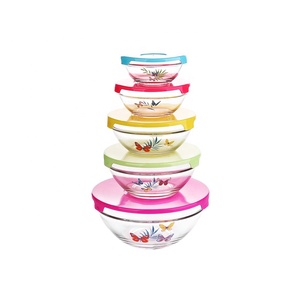 Juego de cuencos de vidrio con impresión decalada, 5 unidades, con tapa de plástico de colores, para ensalada, comida, almuerzo, contenedor de comida, fiambrera para almacenamiento - Product Image 1