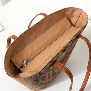 Nouveau sac de plage rayé coloré d'été, grand sac fourre-tout en paille avec fermeture éclair et ensemble chapeau pour les voyages en plein air - Product Image 6