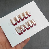 Ongles artificiels à presser, style français, effet œil-de-chat, bord rouge, forme carrée, longueur moyenne, 30 pièces, très demandés