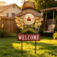 Piquet de bienvenue artisanal en métal pour l'extérieur, motif élogeuse avec chapeau et nœud, pour la décoration de jardin et pelouse en automne