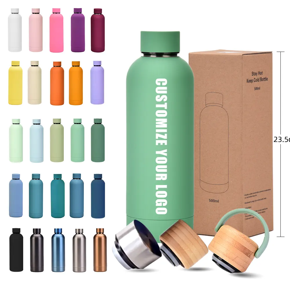 زجاجة مياه مخصصة ذات شعار مخصص مطلية بطبقتين من المطاط والفولاذ المقاوم للصدأ معزولة حافظة للحرارة سعة 500 مل