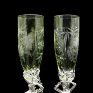 "Adem ve havva" şampanya bardakları/flüt (925 gümüş veya pirinç), vintage Amber renkli Set (2 adet), Carl Faberge tarzı