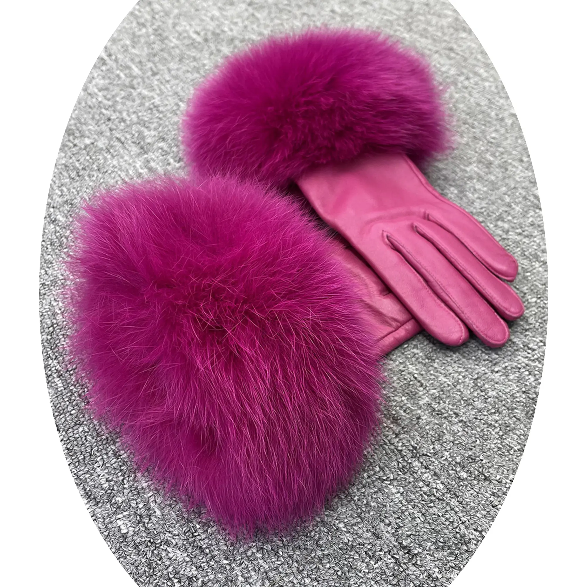 Fox Fur Cuff Mittens Winter Warm Sheepskin Leather Gloves for women