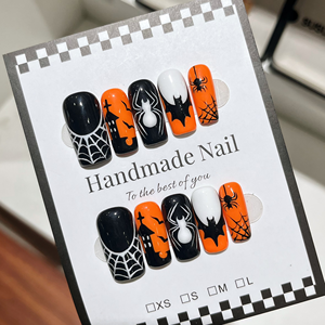 Unghie Finte Quadrate Artigianali a Mandorla, Nere e Arancioni, con Ragnatela e Pipistrello, Riutilizzabili, Copertura Completa, per <span class=keywords><strong>Donna</strong></span> - Edizione Halloween - Product Image 2