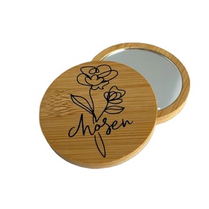 Custom Logo Mini Portable Hand Cosmetic Makeup Compact Small Travel Pocket Mirror for Girls Bamboo Wooden Promotional Gift