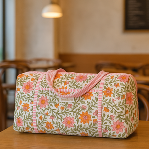 Bolsa de Lona de Algodón Estampada a Mano, Bolsa de Viaje Hecha a Mano, Bolsa de Fin de Semana con Cremallera, Diseño Floral Acolchado, Gran Capacidad, Duradera - Product Image 4