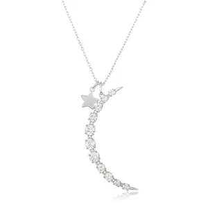 Gemnel 925 Silver Moon Star Pendant With Multi Cz Necklace For Women