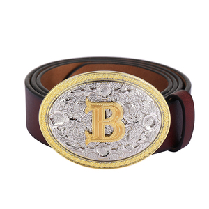 Ceinture en cuir Western bicolore pour homme avec initiale L, boucle ovale gravée à motif floral, sangle en PU marron, style Cowboy Rodeo - Product Image 2