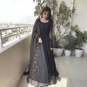 Black Embroidered Anarkali <b>Suit</b> With Sheer Dupatta Floor-Length Traditional Indian Pakistani <b>Wedding</b> Wear <b>Women's</b> GEORGETTE - Product Image 1