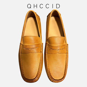 Qhccid Men's Leather Loafers Slip-On Breathable Low <b>Heel</b> Casual Shoes Brown Solid Color Handmade - Product Image 1