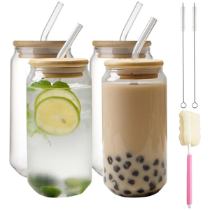 แก้วน้ำทรงกระป๋องอะลูมิเนียมใส PP สำหรับชาไข่มุก เบียร์ น้ำเปล่า ขนาด 12oz 16oz พร้อมฝาไม้ไผ่และหลอดดูด ลดราคาพิเศษ - Product Image 1
