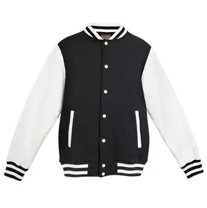 Mens 320g 65 cotton 35 polyester fleece 2 x 2 thick stripe rib hem cuff collar button through soft comfortable Varsity Jacket