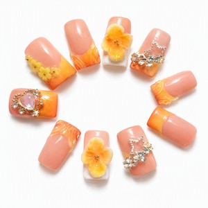 Pink <b>Orange</b> Gradient <b>Press</b> on Nails 3D Flower Rhinestone Heart Star False Nail Set for Salon Party - Product Image 4