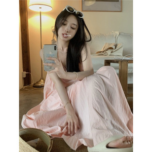 Pink Knee-Length Satin V-Neck Loose Fit Sleeveless Breathable Beach Sundress Summer Casual Wear - Product Image 2