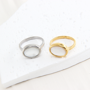 Anillo de Acero Inoxidable Chapado en Oro de 14K al por Mayor con Gema, Anillo de Compromiso Cristiano, Regalo de <span class=keywords><strong>Boda</strong></span> con Concha Blanca, <span class=keywords><strong>para</strong></span> Fiesta o Aniversario - Product Image 1