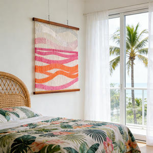 Décoration murale tissée tropicale côtière, motif vague ombrée en fil de coton, pour chambres en bord de mer ensoleillées - Product Image 1