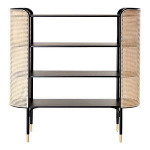 Étagère en rotin noir, bois de manguier et rotin avec accents en laiton, unité de rangement élégante pour livres, décoration et accessoires - Product Image 3