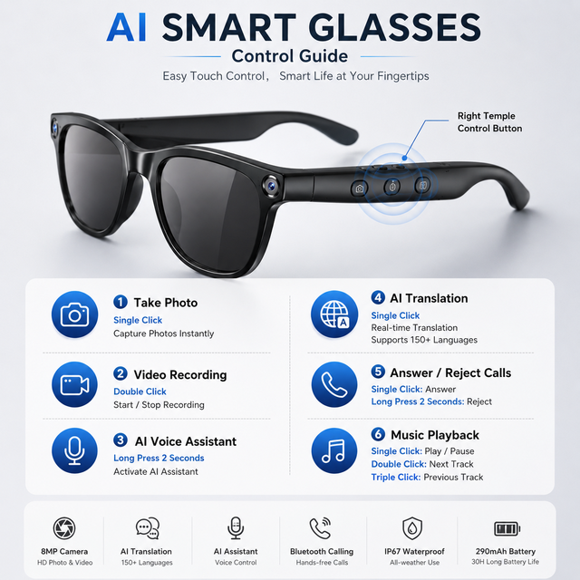 Factory Wholesale AI Smart Glasses, Real-time Translation, 1080P Camera, Video Calling, ChatGPT