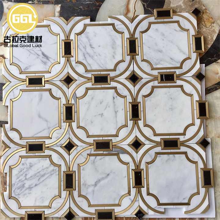 Brass Inlay Arabescato White Marble Waterjet Mosaic Tile