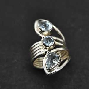 Bague en argent aigue-marine naturelle Pierres précieuses aigue-marine Statement925 Bague en argent massif Bague en argent à trois pierres pour les fiançailles des femmes - Product Image 5