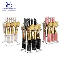 Promotion Couverts Fourchette Couteau Cuillère Ensemble 24pcs Marbre Design Luxe Céramique Poignée PVD Doré Royal Couverts Ensemble avec Support en Fer