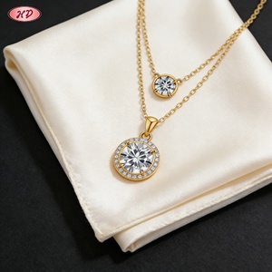 Collar con Colgante de Halo de Circonita AAA de Doble Capa Chapado en Oro de 18K de Latón al por Mayor con Cadena de Eslabones para Mujer - Aniversario - Product Image 2