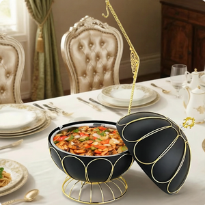 Plat <span class=keywords><strong>de</strong></span> service rond <span class=keywords><strong>de</strong></span> luxe doré 8L avec couvercle suspendu, forme boule blanche et dorée pour <span class=keywords><strong>buffet</strong></span> <span class=keywords><strong>de</strong></span> restaurant, hôtel, mariage, fête - Product Image 3