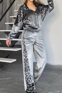 New Leopard Print Color-Block Long-Sleeve Top and <b>Pants</b> Homewear Casual 2-Piece Set Fashion - Product Image 1
