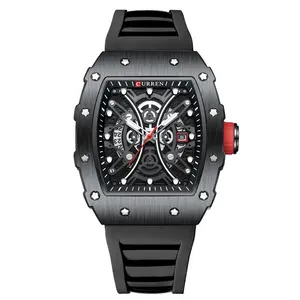 高品质CURREN 8438新款方形发光石英表男士自动日期显示运动休闲硅胶手链手表