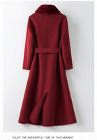 Manteau en cachemire pour femme, col en vison, bordeaux, double face, long, ceinturé, coupe ajustée, vêtement d'hiver