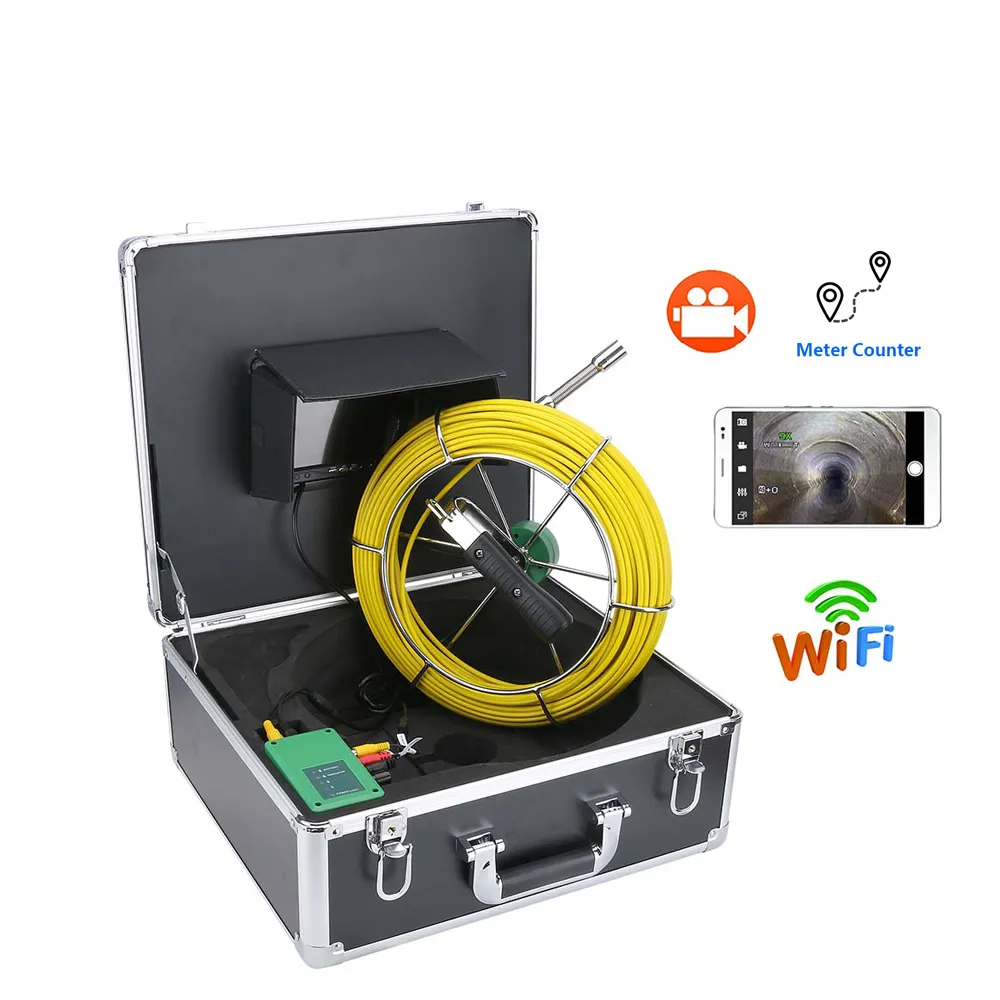 WIFI 7"LCD 17MM 20M-50M DVR Sewer Waterproof Camera Pipe Pipeline Drain Inspection System 1200TVL Camera with Meter Counter 8GB