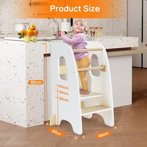 Tabouret de cuisine pour tout-petits, tour d'apprentissage en bois réglable pour enfants avec pieds antidérapants - Blanc - Product Image 3