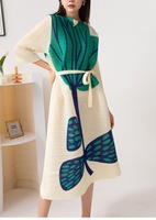 Robe décontractée longue en mousseline unie Miyake 2023, coupe trapèze, grande taille, manches longues pour femme, vêtement de fête tendance avec ceinture