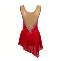 Robe de patinage artistique rouge sans manches pour spectacle, avec décolleté en V profond, dos ouvert en maille, strass et jupe asymétrique pour enfants