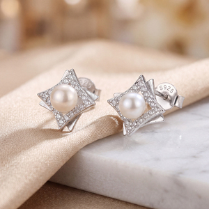 Freshwater Pearl <b>Studs</b> <b>Silver</b> Plated Copper Round Halo CZ Pavé Elegant Jewelry for Women Wedding Party Gifts - Product Image 2