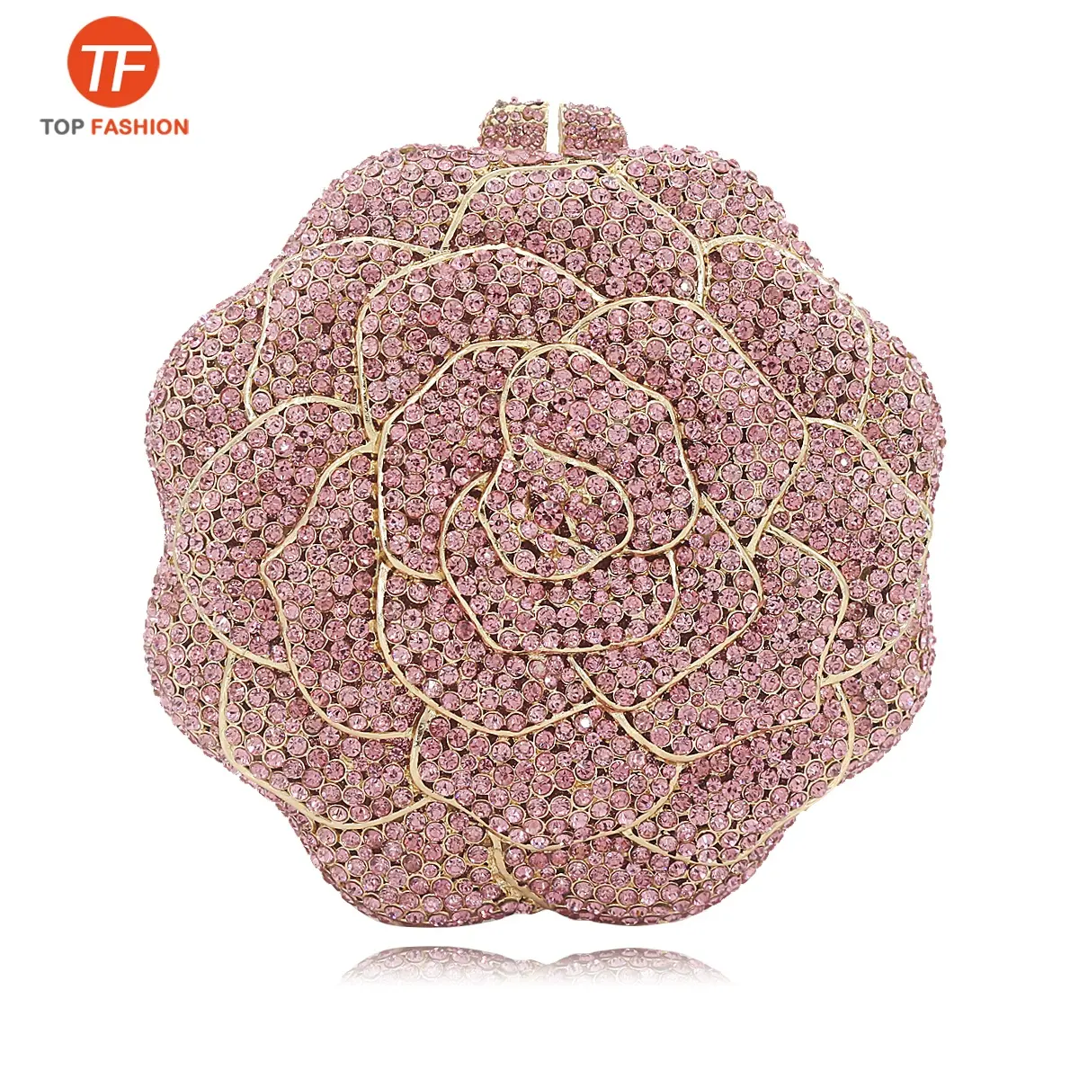 China Factory Wholesales Luxury Crystal Rhinestone Clutch Evening Bag Wedding 3D Rose Hollow Out Purse