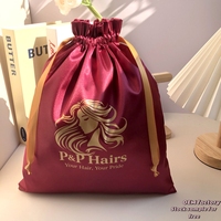 Pochette à cordon en satin avec impression de logo personnalisé rouge en gros emballage de perruque de paquet de cheveux sac à poussière en soie avec haut à volants