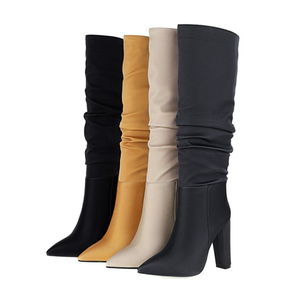 Style Chunky Heel High Knee Boots European Fashion Pointed <b>Toe</b> Winter Sock Fleece Rubber High Quality PU 1 Pair 5-7 Days ZHD-810 - Product Image 1