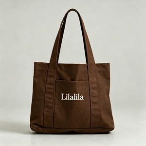 Sac fourre-tout en toile de coton <span class=keywords><strong>marron</strong></span> robuste pour le voyage et le shopping, avec poche avant et logo brodé - Product Image 1