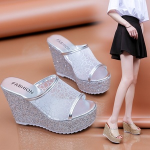 Sandales de commerce extérieur pour femmes, nouvelle mode, à talon compensé ultra-haut, bout ouvert, en maille, à bride unique, à enfiler - Product Image 4